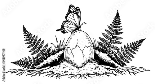 Butterfly landing on a cracked eggshell surrounded by ferns in a vintage engraving style