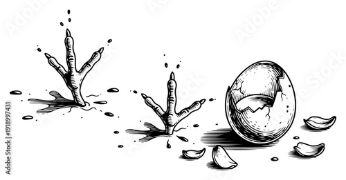 Vintage hand drawn style illustration of a cracked egg shell and animal footprints leading away from it