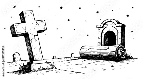 Detailed vintage engraving style illustration of a cemetery with a stone cross and an empty tomb under a starry night sky