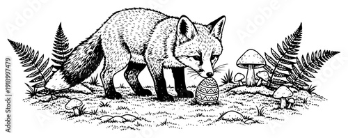 Hand drawn vintage style illustration of a fox discovering a decorated Easter egg in a forest with mushrooms and ferns