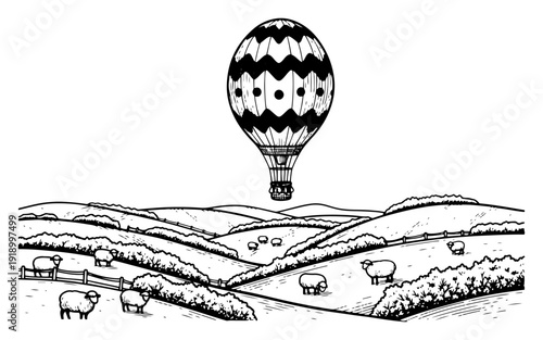 Vintage hand drawn illustration of a hot air balloon flying over a countryside landscape with rolling hills and sheep