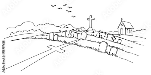 Minimalist line art drawing of a graveyard landscape with a church and tombstones on a hill