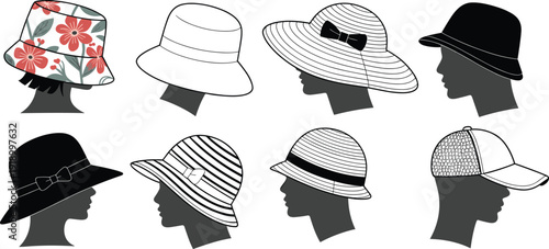 Women hat silhouette and outline illustration set featuring elegant fashion headwear styles, bucket, fedora, sun hats, and caps isolated on white background