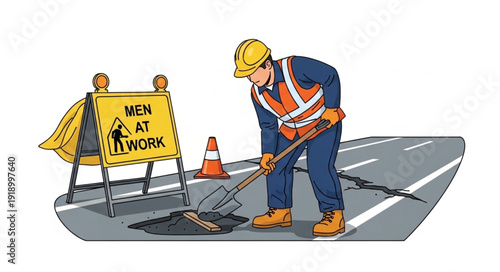 Roadworker Repairing Asphalt on Highway.