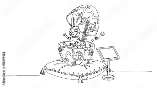Steampunk mechanical rabbit popping out of a decorated egg shell on a cushion illustration