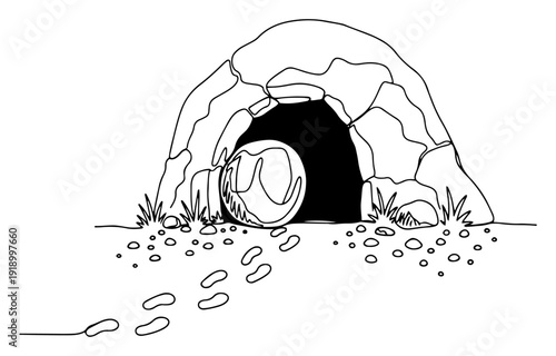 Black and white line art of an empty tomb with footprints leading away from the cave