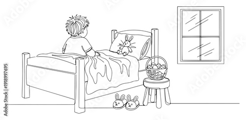 Simple line art drawing of a child waking up in bed with an easter basket and bunny slippers