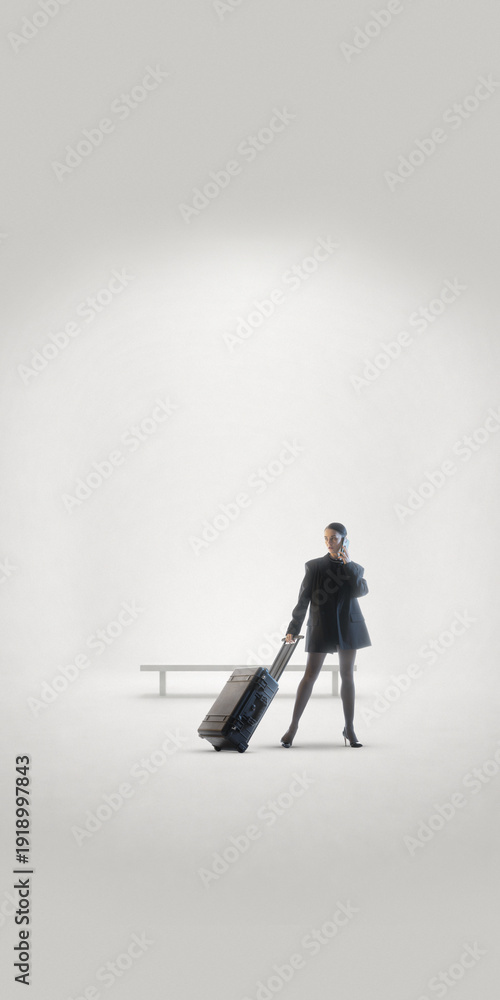 Obraz premium Minimalist composition of businesswoman with suitcase using smartphone. Concept of corporate mobility ads, digital communication themes, business travel promotion, professional lifestyle branding.
