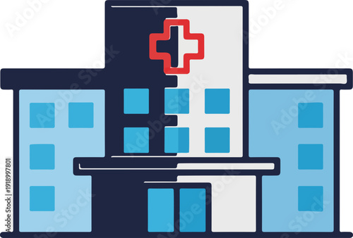 Hospital building with red cross symbol on white and blue facade medical center architecture