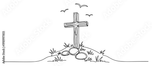 Simple wooden cross on a hill with flying birds in minimalist continuous line drawing style