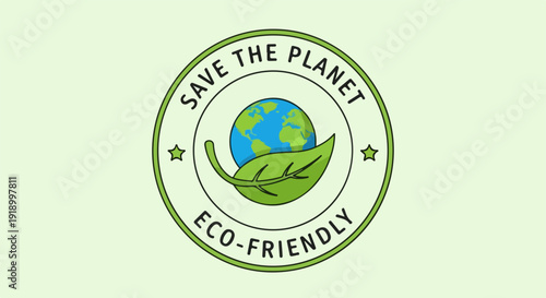Eco friendly badge with green leaf and globe on light green background