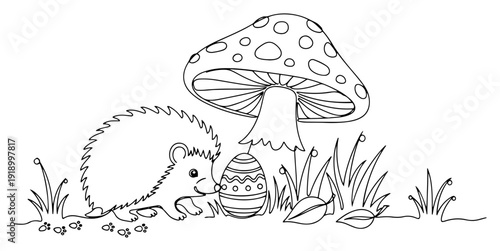 Cute hedgehog with a decorated Easter egg and a large mushroom in minimalist one line art style