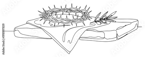 Crown of thorns with a shroud and olive branch on a stone in minimalist one line art style