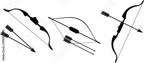 Archery Bow and Arrow Silhouette Set, Traditional Hunting and Target Shooting Equipment Black Vector Collection Isolated on White Background
