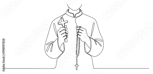 Minimalist continuous line drawing of a person holding a cross and rosary beads