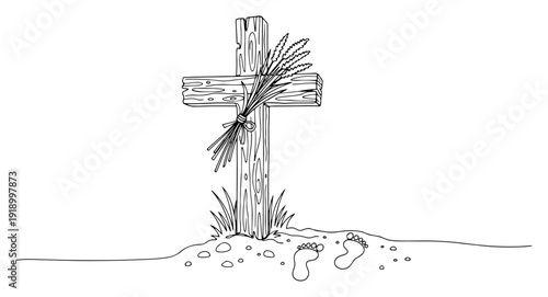 Continuous line drawing of a wooden cross with wheat bundle and footprints