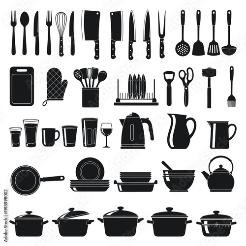 A collection of diverse kitchen utensils, cookware, and dining items displayed together