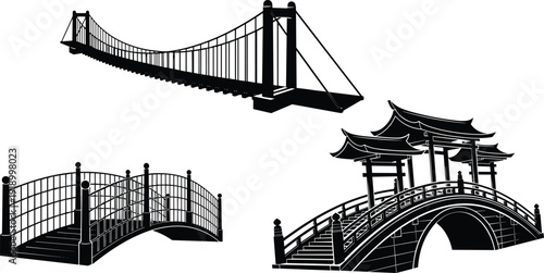 Bridge Silhouette Set Featuring Suspension Bridge, Curved Pedestrian Footbridge and Traditional Asian Arch Bridge Isolated on White Background for Design