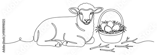 Continuous line drawing of easter lamb lying next to basket with eggs
