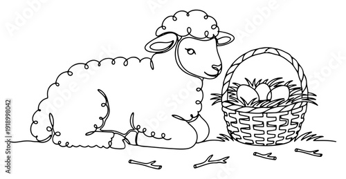 Continuous line drawing of a cute sheep sitting next to an easter basket with eggs
