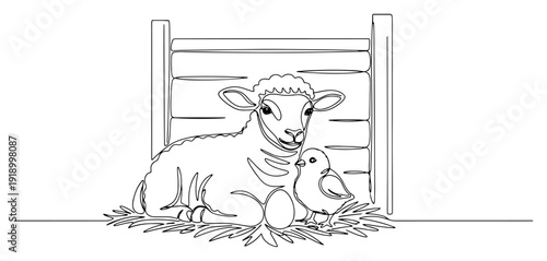 Minimalist one line drawing of a cute lamb and small chick sitting in a farm barn