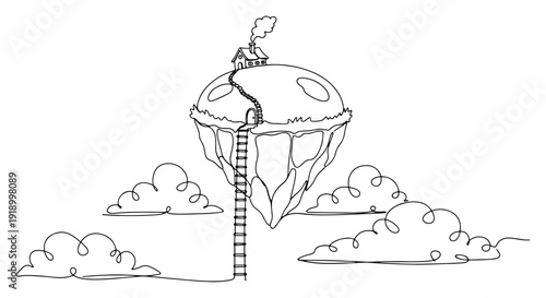 Surreal one line drawing of a fantasy floating island with a small house and long ladder