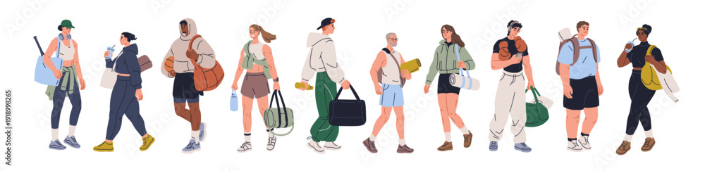 Obraz premium People walking to gym. Men, women going to fitness, sport. Male and female carrying backpack, bag, towel, water bottle for training, workout. Flat vector illustration isolated on white background
