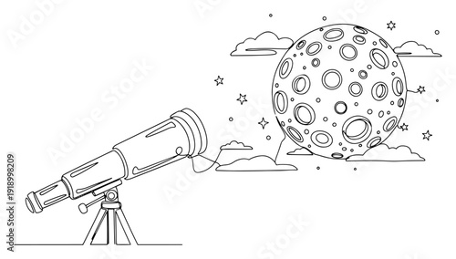Continuous line art illustration of a telescope pointing at a cratered moon in the starry night sky