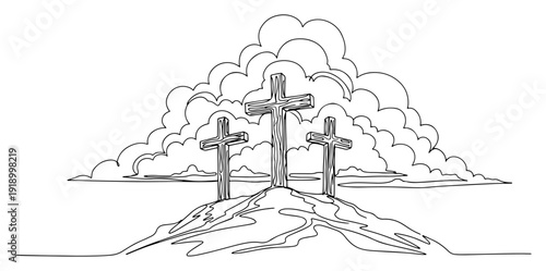 Christian religious scene with three crosses on a hill against a cloudy sky in continuous line art