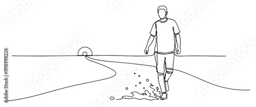 Minimalist line art illustration of a man walking along the beach shore during sunset