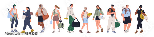 People walking to gym. Men, women going to fitness, sport. Male and female carrying backpack, bag, towel, water bottle for training, workout. Flat vector illustration isolated on white background