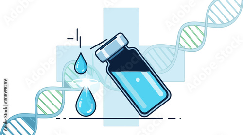 Medical vial with dna strands and droplets on a laboratory background symbolizing genetic research and biotechnology