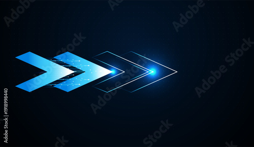 Dynamic arrows move forward in a glowing line, symbolizing quantum technology driving digital increase and long-term success. arrows shine with electric light