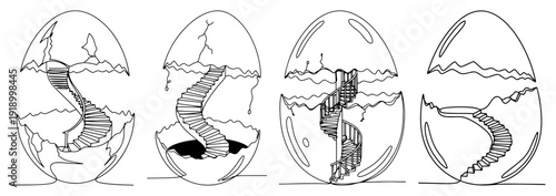 Surreal one line drawing of spiral staircases inside broken easter egg shells
