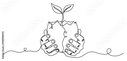 Continuous line drawing of hands holding a cracked eggshell with a growing plant sprout
