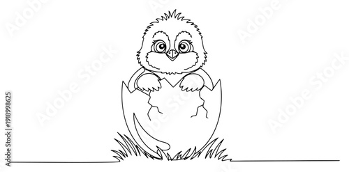 Cute baby chick hatching from a broken eggshell in the grass line art illustration