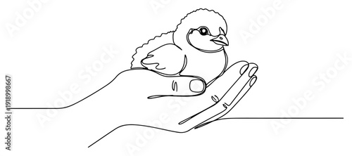 Minimalist one line drawing of a human hand gently holding a cute baby chick