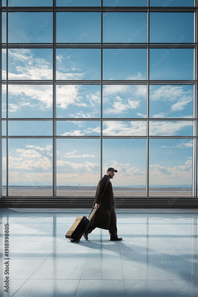 Fototapeta premium Architectural composition businessman walking through airport terminal. Concept of business travel promotion, global mobility advertising, executive lifestyle visuals, corporate journey themes.