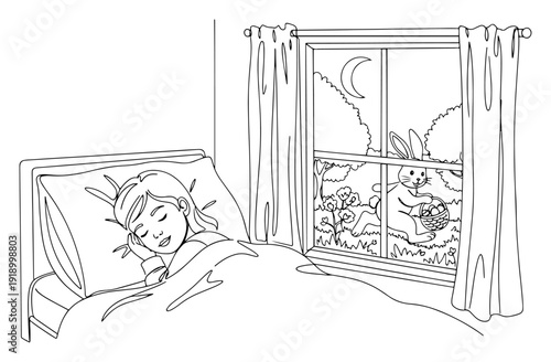 One line drawing of a small girl sleeping in bed while Easter Bunny appears outside the window