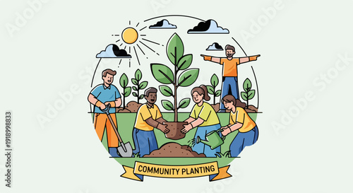 Community planting initiative with diverse group of people gardening together outdoors in harmony