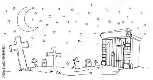 Minimalist line art illustration of a cemetery with stone crosses and a mausoleum under a starry night sky