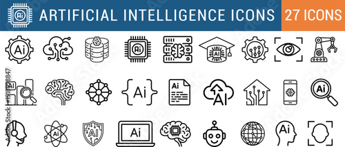 Collection of artificial intelligence icons representing technology and machine learning