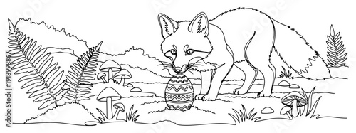 Wild fox carrying a decorated Easter egg through a forest with mushrooms and ferns line art