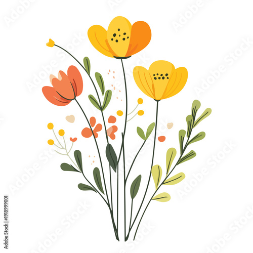 Flat vector illustration of a wildflower bouquet with yellow and orange blossoms and green leaves. Minimalist botanical design on white background.