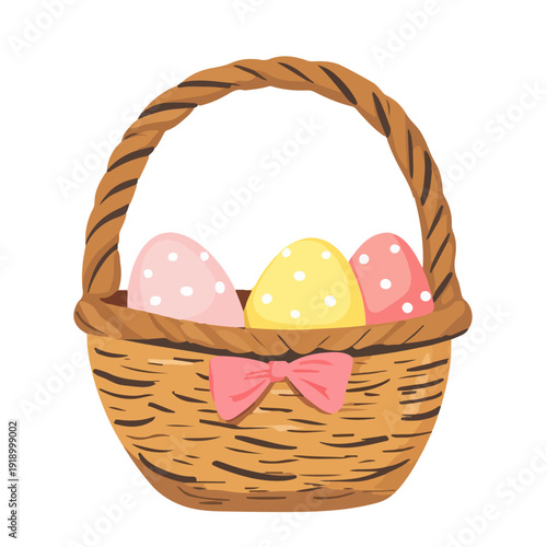Wicker basket with colorful polka dot Easter eggs and a pink bow. Flat vector illustration isolated on white background for spring holidays.