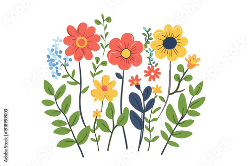 Flat vector illustration of a vibrant flower garden with red and yellow blossoms. Minimalist summer floral composition on white background.