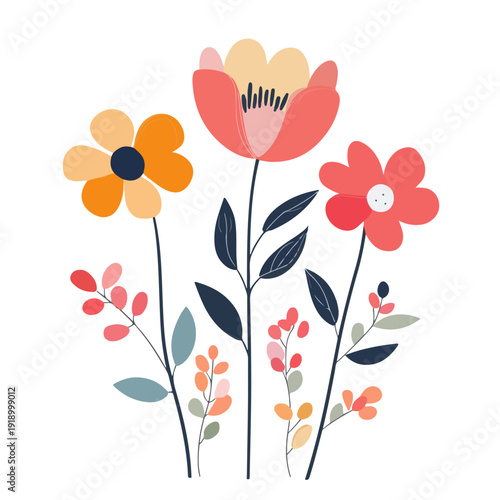 Stylized vector illustration of a blooming flower bouquet in pastel colors. Hand-drawn floral composition with delicate leaves on white background.