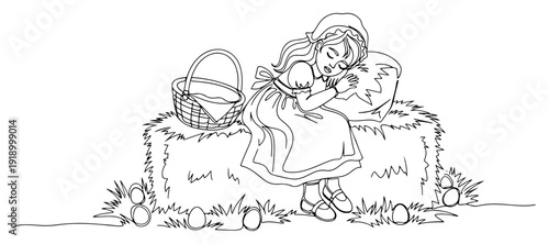 Continuous line drawing of a small girl sleeping peacefully on a large hay bale with an Easter basket