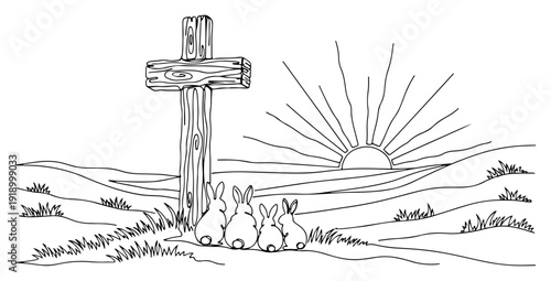 Three small bunnies sitting by a wooden cross watching the sunrise in a landscape line art
