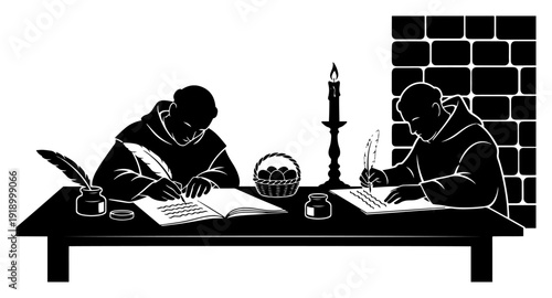 monk writer man working at desk candle vintage monochrome illustration vector